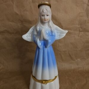 Ceramic Angel Figurine Trinket Box with Blue and Gold Accents